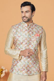 Picture of  Magnificent Cream and Multi Designer Men’s Kurta Jacket Sets for Engagement, Reception, Sangeet, and Party