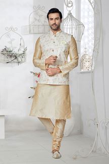 Picture of  Fashionable Cream and Multi Designer Men’s Kurta Jacket Sets for Engagement, Reception, Sangeet, and Party