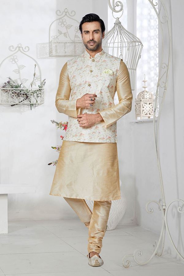 Picture of  Fashionable Cream and Multi Designer Men’s Kurta Jacket Sets for Engagement, Reception, Sangeet, and Party