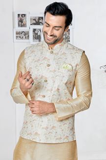 Picture of  Fashionable Cream and Multi Designer Men’s Kurta Jacket Sets for Engagement, Reception, Sangeet, and Party