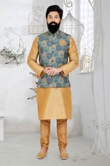 Picture of  Appealing Chiku and Multi Designer Men’s Kurta Jacket Sets for Engagement, Reception, Sangeet, and Party