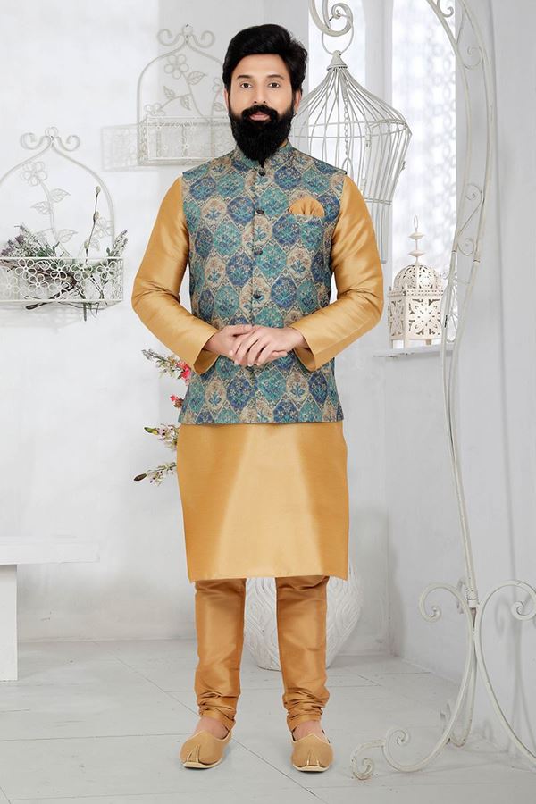 Picture of  Appealing Chiku and Multi Designer Men’s Kurta Jacket Sets for Engagement, Reception, Sangeet, and Party