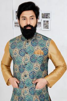 Picture of  Appealing Chiku and Multi Designer Men’s Kurta Jacket Sets for Engagement, Reception, Sangeet, and Party