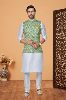 Picture of  Majestic Off-White and Multi Designer Men’s Kurta Jacket Sets for Engagement, Reception, Sangeet, and Party