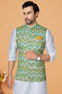 Picture of  Majestic Off-White and Multi Designer Men’s Kurta Jacket Sets for Engagement, Reception, Sangeet, and Party