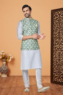 Picture of  Spectacular Off-White and Multi Designer Men’s Kurta Jacket Sets for Engagement, Reception, Sangeet, and Party