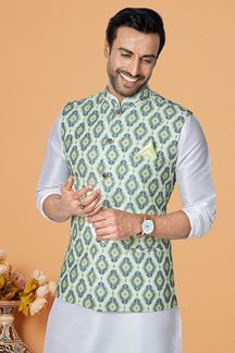 Picture of  Spectacular Off-White and Multi Designer Men’s Kurta Jacket Sets for Engagement, Reception, Sangeet, and Party