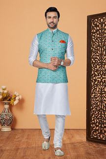Picture of  Charismatic Off-White and Blue Designer Men’s Kurta Jacket Sets for Engagement, Reception, Sangeet, and Party