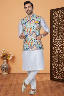 Picture of  Captivating Off-White and Multi Designer Men’s Kurta Jacket Sets for Engagement, Reception, Sangeet, and Party