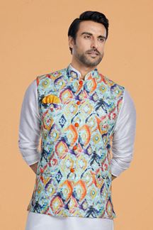 Picture of  Captivating Off-White and Multi Designer Men’s Kurta Jacket Sets for Engagement, Reception, Sangeet, and Party