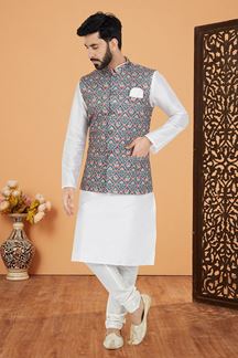 Picture of  Aesthetic White and Multi Designer Men’s Kurta Jacket Sets for Engagement, Reception, Sangeet, and Party