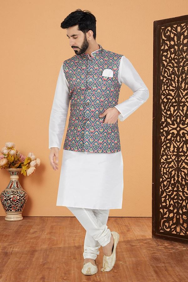 Picture of  Aesthetic White and Multi Designer Men’s Kurta Jacket Sets for Engagement, Reception, Sangeet, and Party