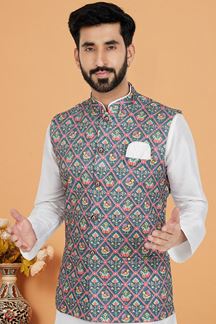 Picture of  Aesthetic White and Multi Designer Men’s Kurta Jacket Sets for Engagement, Reception, Sangeet, and Party