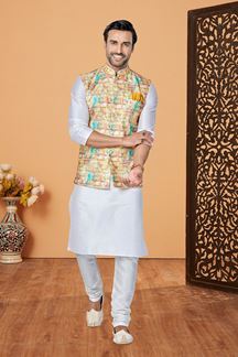 Picture of  Stylish Off-White and Multi Designer Men’s Kurta Jacket Sets for Engagement, Reception, Sangeet, and Party