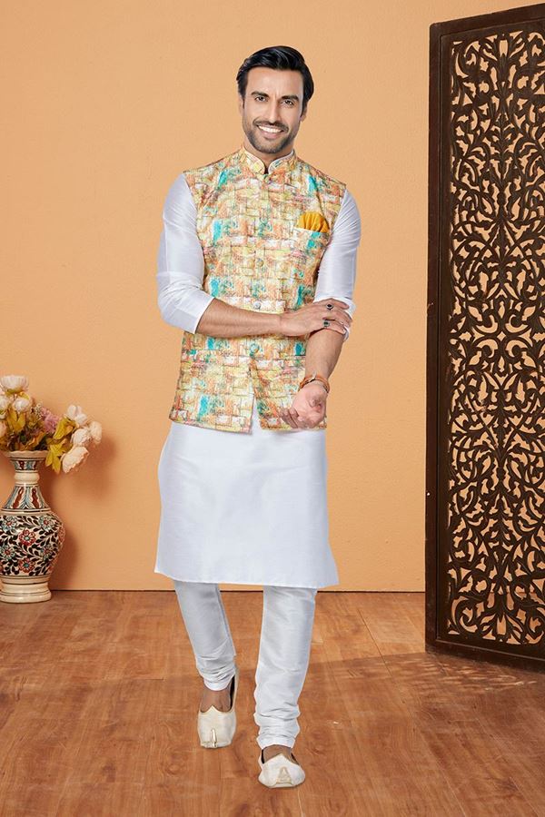 Picture of  Stylish Off-White and Multi Designer Men’s Kurta Jacket Sets for Engagement, Reception, Sangeet, and Party