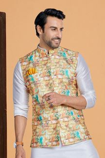 Picture of  Stylish Off-White and Multi Designer Men’s Kurta Jacket Sets for Engagement, Reception, Sangeet, and Party