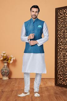 Picture of  Attractive Off-White and Blue Designer Men’s Kurta Jacket Sets for Engagement, Reception, Sangeet, and Party