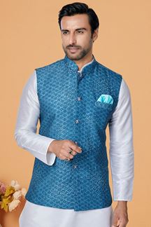 Picture of  Attractive Off-White and Blue Designer Men’s Kurta Jacket Sets for Engagement, Reception, Sangeet, and Party