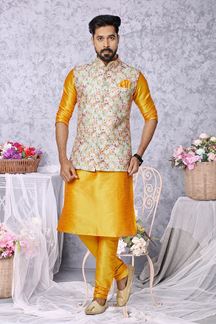 Picture of  Dashing Mustard and Multi Designer Men’s Kurta Jacket Sets for Engagement, Reception, Sangeet, and Party