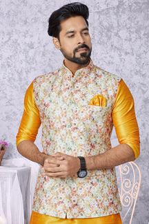 Picture of  Dashing Mustard and Multi Designer Men’s Kurta Jacket Sets for Engagement, Reception, Sangeet, and Party