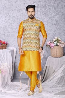 Picture of  Elegant Mustard and Multi Designer Men’s Kurta Jacket Sets for Engagement, Reception, Sangeet, and Party
