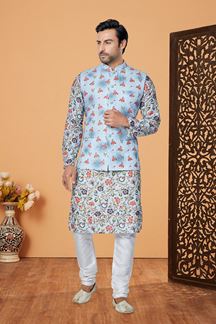 Picture of  Fancy Multi and Sky Blue Designer Men’s Kurta Jacket Sets for Engagement, Reception, Sangeet, and Party