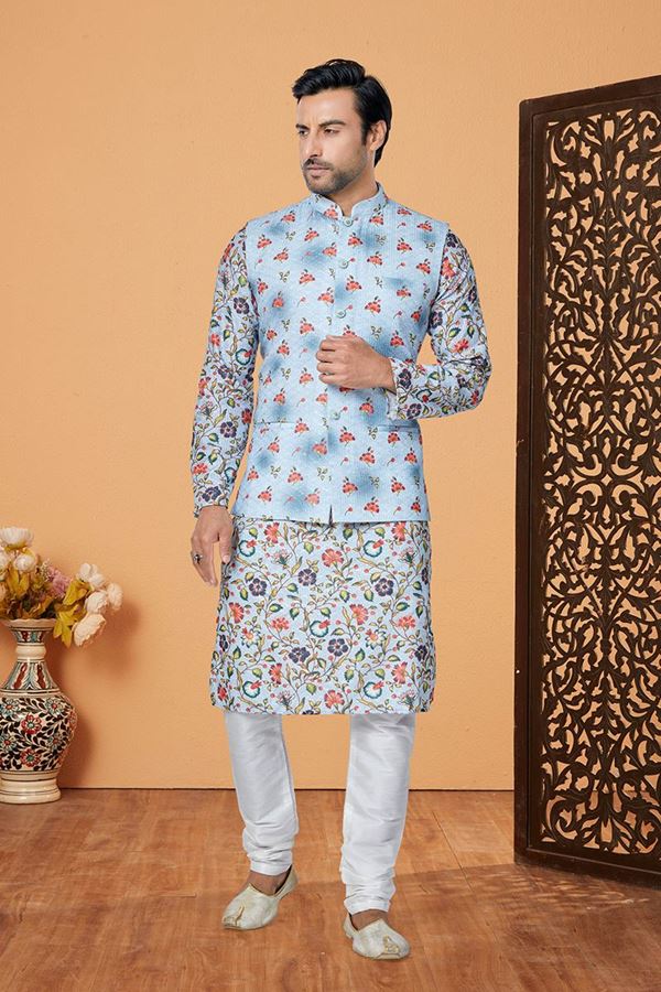 Picture of  Fancy Multi and Sky Blue Designer Men’s Kurta Jacket Sets for Engagement, Reception, Sangeet, and Party