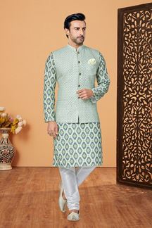 Picture of  Marvelous Multi and Sky Blue Designer Men’s Kurta Jacket Sets for Engagement, Reception, Sangeet, and Party