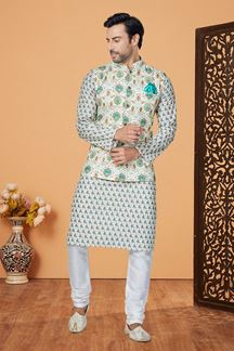 Picture of  Awesome Off-White and Multi Designer Men’s Kurta Jacket Sets for Engagement, Reception, Sangeet, and Party