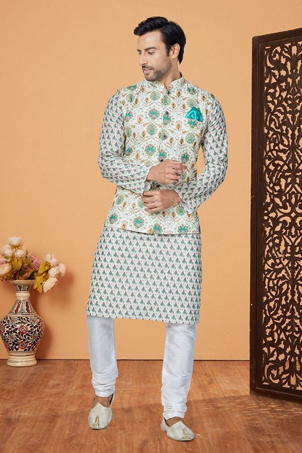 Picture of  Awesome Off-White and Multi Designer Men’s Kurta Jacket Sets for Engagement, Reception, Sangeet, and Party