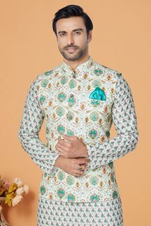 Picture of  Awesome Off-White and Multi Designer Men’s Kurta Jacket Sets for Engagement, Reception, Sangeet, and Party