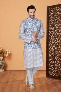 Picture of  Amazing Off-White and Multi Designer Men’s Kurta Jacket Sets for Engagement, Reception, Sangeet, and Party