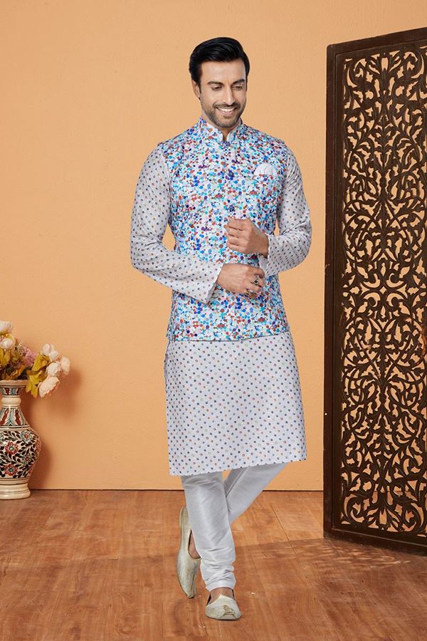 Picture of  Amazing Off-White and Multi Designer Men’s Kurta Jacket Sets for Engagement, Reception, Sangeet, and Party