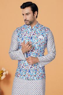 Picture of  Amazing Off-White and Multi Designer Men’s Kurta Jacket Sets for Engagement, Reception, Sangeet, and Party