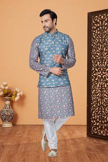 Picture of  Splendid Multi and Blue Designer Men’s Kurta Jacket Sets for Engagement, Reception, Sangeet, and Party