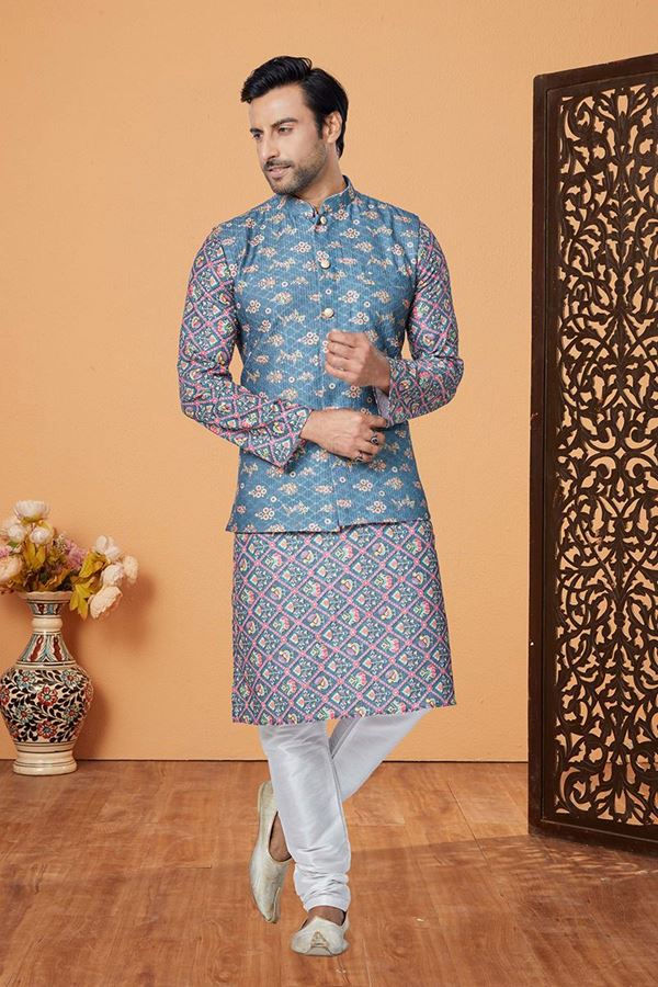 Picture of  Splendid Multi and Blue Designer Men’s Kurta Jacket Sets for Engagement, Reception, Sangeet, and Party