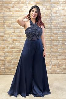 Picture of Smashing Navy Blue Designer Indo-Western Outfit for Sangeet and Parties
