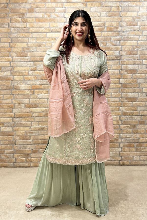 Picture of Outstanding Pista Green Designer Gharara Suit for Engagement, Reception, Festivals, Sangeet, and Parties