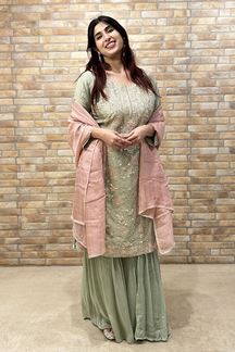 Picture of Outstanding Pista Green Designer Gharara Suit for Engagement, Reception, Festivals, Sangeet, and Parties