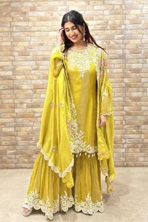 Picture of Creative Yellow Designer Gharara Suit for Haldi, Wedding, Reception, Festivals, Sangeet, and Parties
