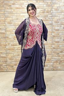 Picture of Dazzling Magenta and Navy Blue Designer Indo-Western Fusion Outfit for Reception, Sangeet, and Parties