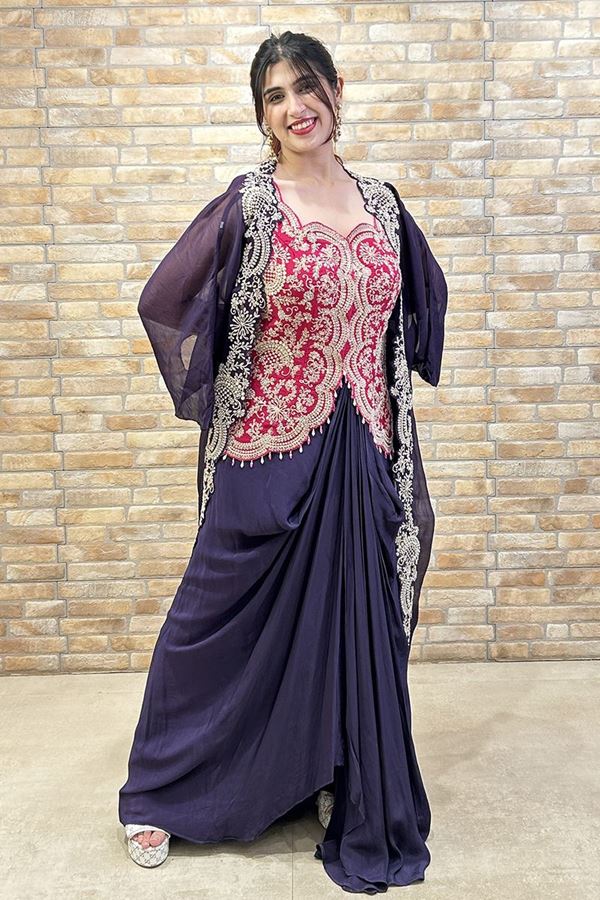 Picture of Dazzling Magenta and Navy Blue Designer Indo-Western Fusion Outfit for Reception, Sangeet, and Parties