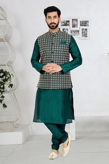 Picture of  Artistic Rama Green Designer Men’s Kurta Jacket Sets for Engagement, Wedding, Festivals, Reception, Sangeet, and Party