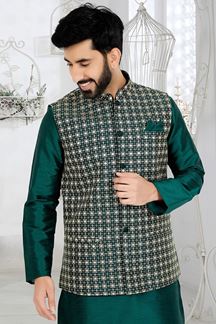 Picture of  Artistic Rama Green Designer Men’s Kurta Jacket Sets for Engagement, Wedding, Festivals, Reception, Sangeet, and Party