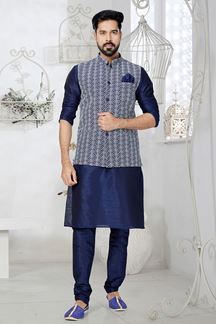 Picture of  Classy Navy Blue and Blue Designer Men’s Kurta Jacket Sets for Engagement, Wedding, Festivals, Reception, Sangeet, and Party