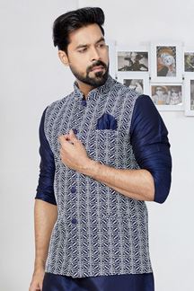 Picture of  Classy Navy Blue and Blue Designer Men’s Kurta Jacket Sets for Engagement, Wedding, Festivals, Reception, Sangeet, and Party