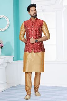 Picture of  Enticing Chiku and Red Designer Men’s Kurta Jacket Sets for Engagement, Wedding, Festivals, Reception, Sangeet, and Party