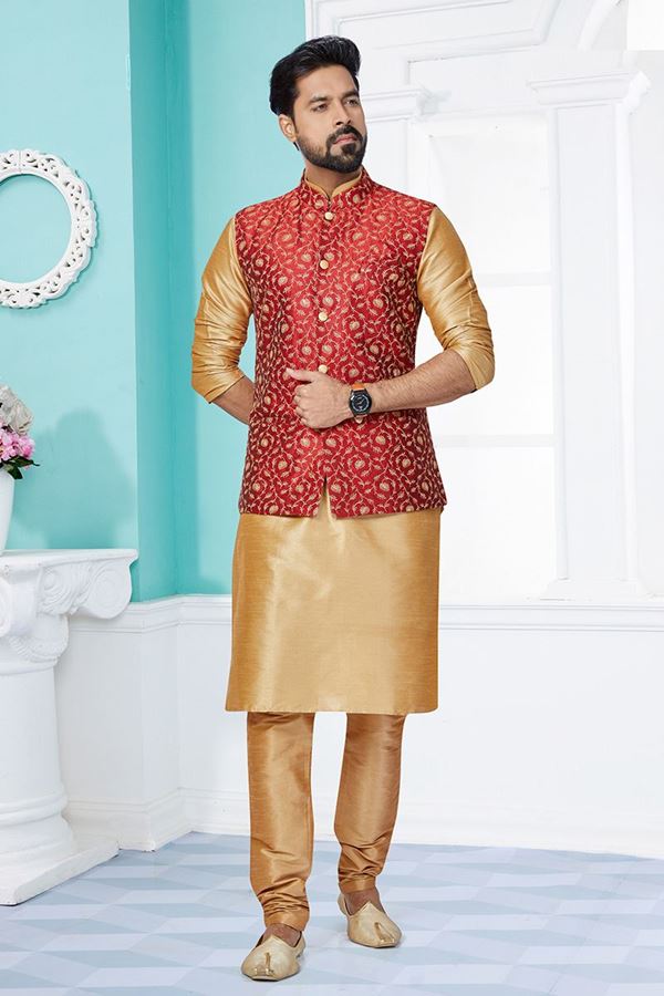 Picture of  Enticing Chiku and Red Designer Men’s Kurta Jacket Sets for Engagement, Wedding, Festivals, Reception, Sangeet, and Party