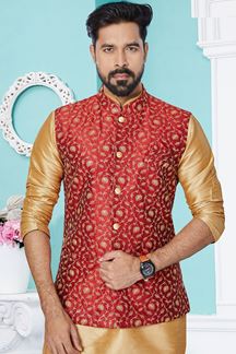 Picture of  Enticing Chiku and Red Designer Men’s Kurta Jacket Sets for Engagement, Wedding, Festivals, Reception, Sangeet, and Party