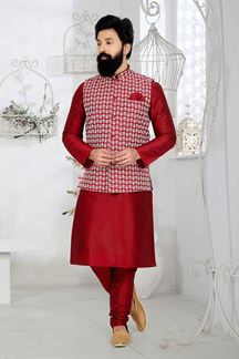 Picture of  Splendid Maroon and Red Designer Men’s Kurta Jacket Sets for Engagement, Wedding, Festivals, Reception, Sangeet, and Party